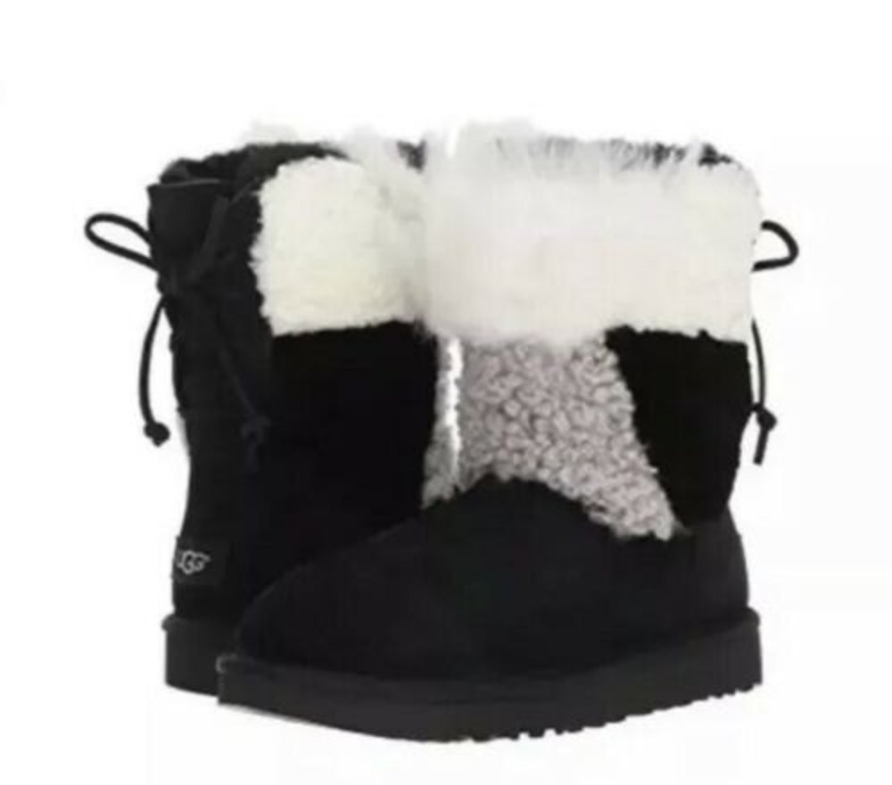 New UGG Classic Short Patchwork Fluff Black Boots US 5, Eu 36 Fur Suede Leather